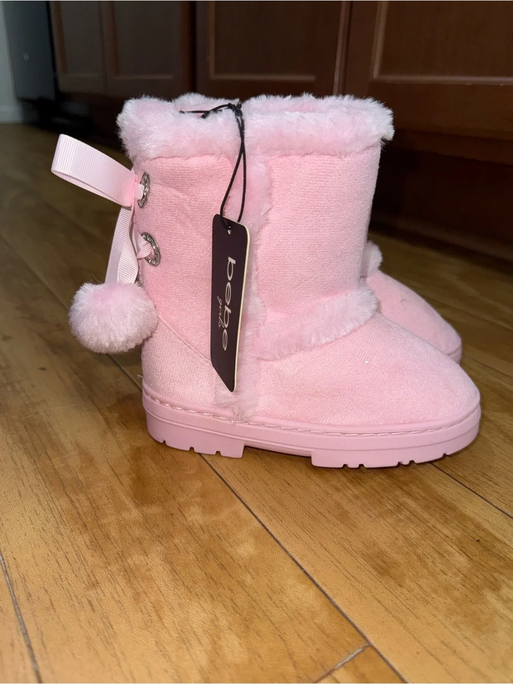 bebe Pink Fuzzy Pom Pom Boots